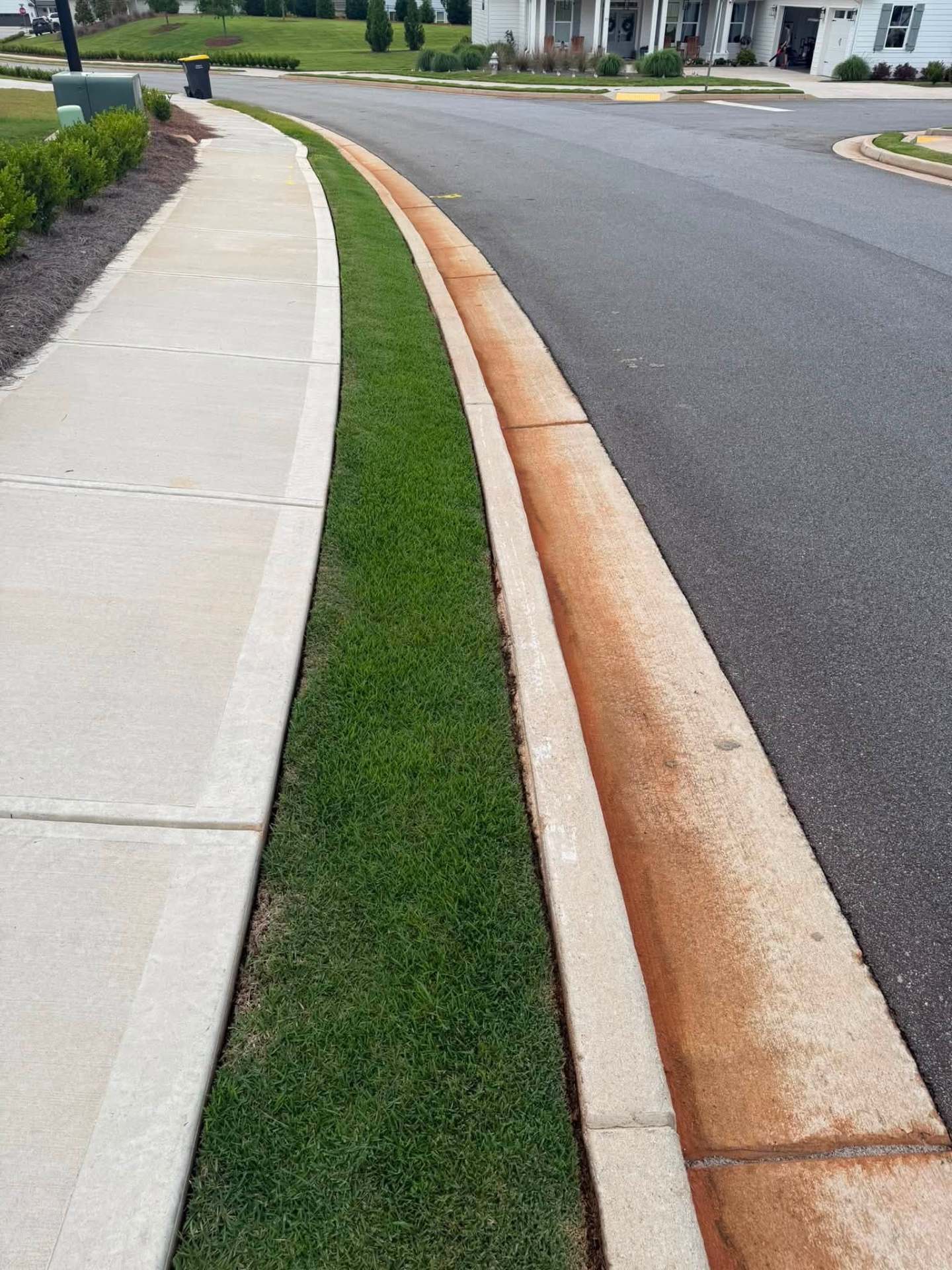 Crisp edging along a sidewalk and curb strip after a lawn service visit